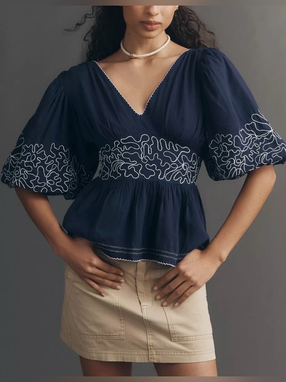 Maeve Short-Sleeve Embroidered linen-blend Shirt Bow Back Anthropologie NWT